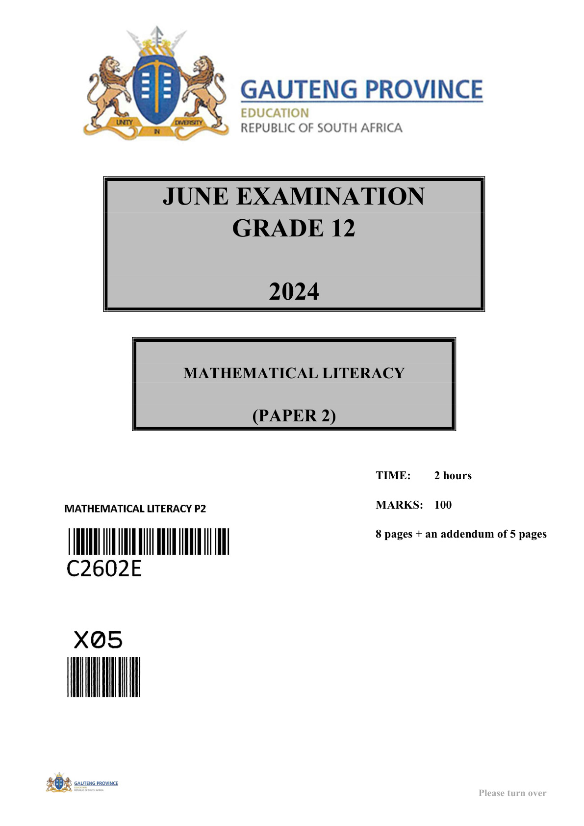 Mathematical Literacy Paper 2 (Gauteng) June 2024 Grade 12 DBE