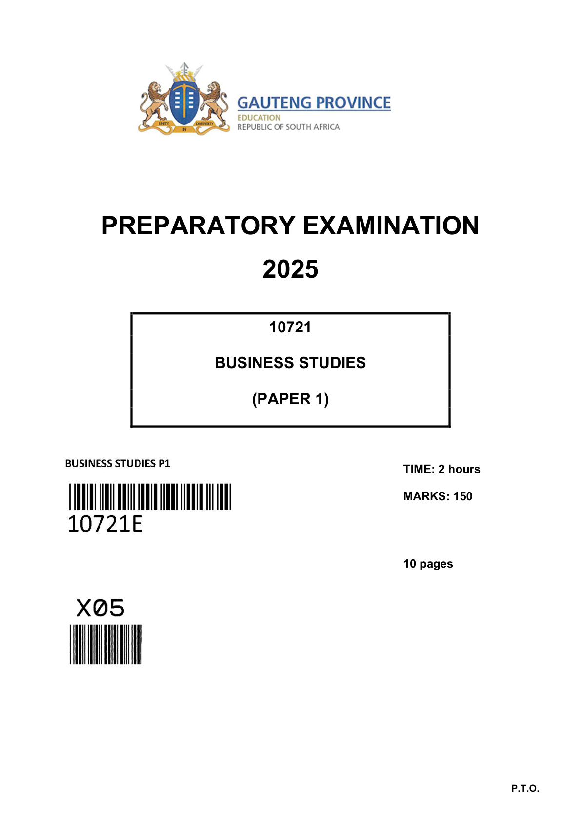 Business Studies Paper 1 (Gauteng) Preparatory 2025 Grade 12 DBE