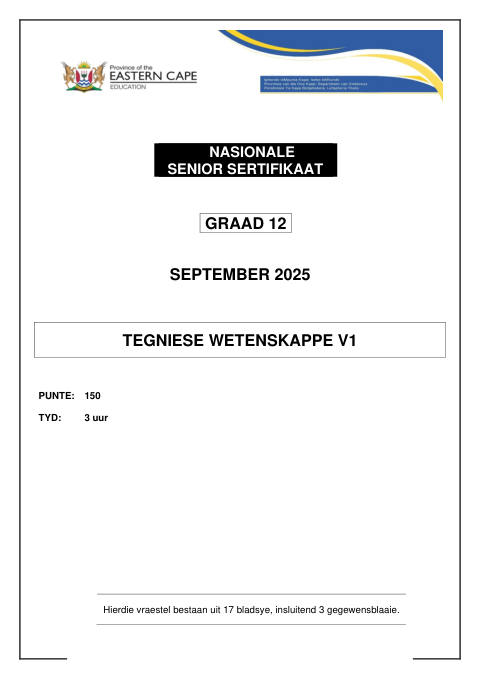 Technical Sciences Grade 12 DBE Caps September 2025 Paper 1 - Question Paper (Eastern Cape)