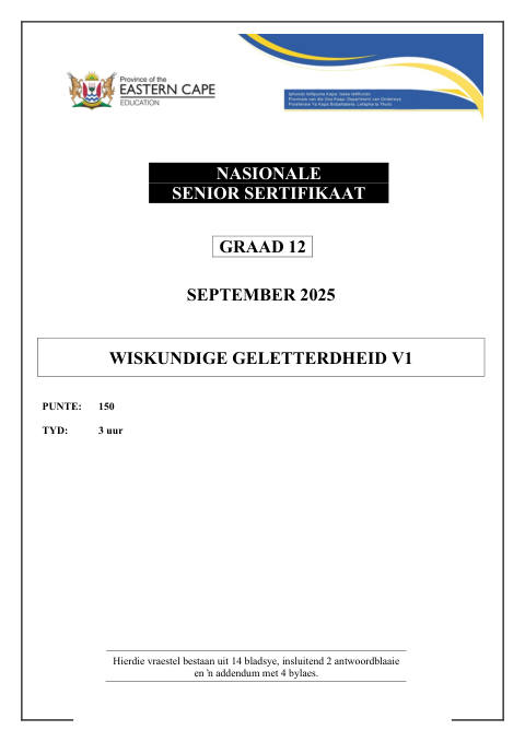 Mathematical Literacy Grade 12 DBE Caps September 2025 Paper 2 - Question Paper (Eastern Cape)