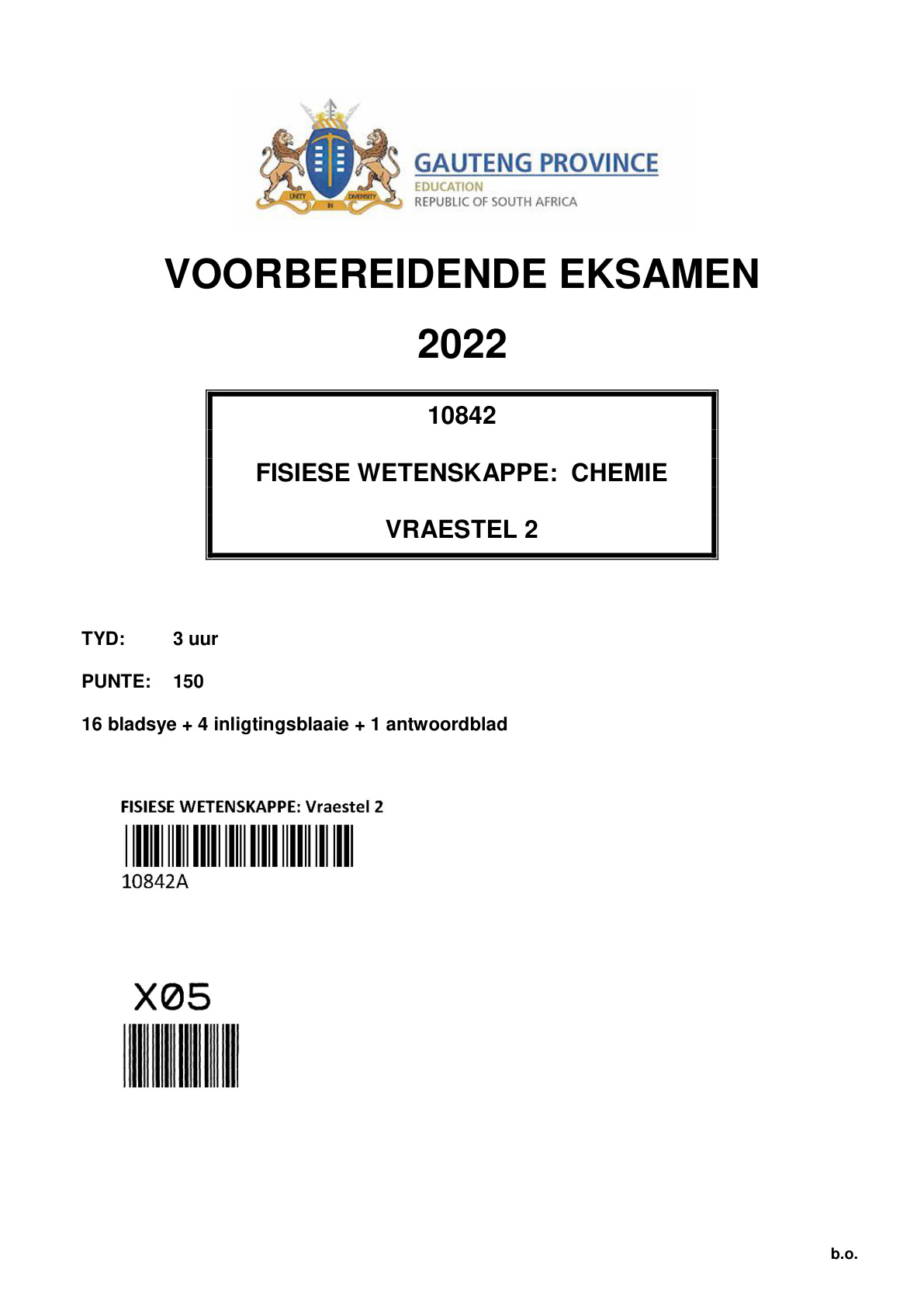 Physical Sciences Paper 2 (Gauteng) Preparatory 2022 Grade 12 DBE