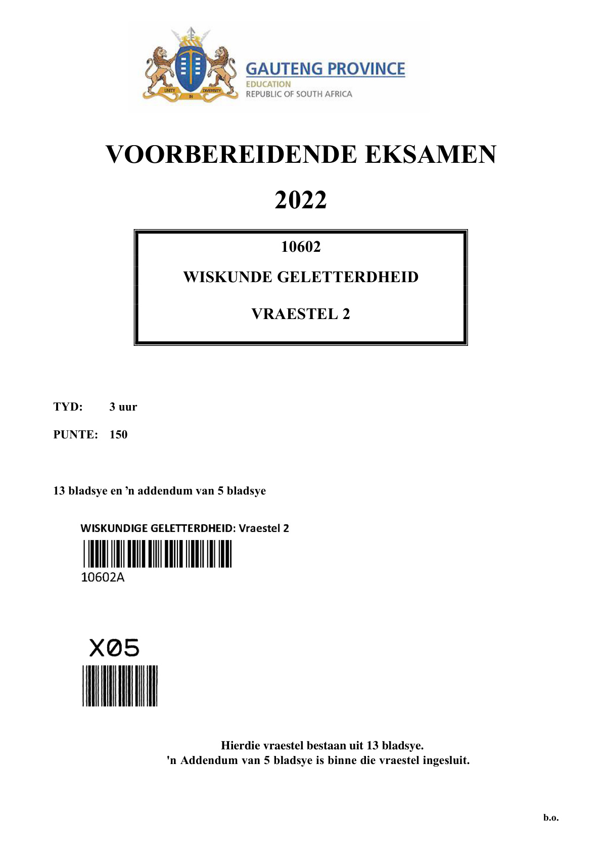 Mathematical Literacy Paper 2 (Gauteng) Preparatory 2022 Grade 12 DBE