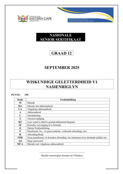 Mathematical Literacy Grade 12 DBE Caps September 2025 Paper 1 - Memo (Eastern Cape)