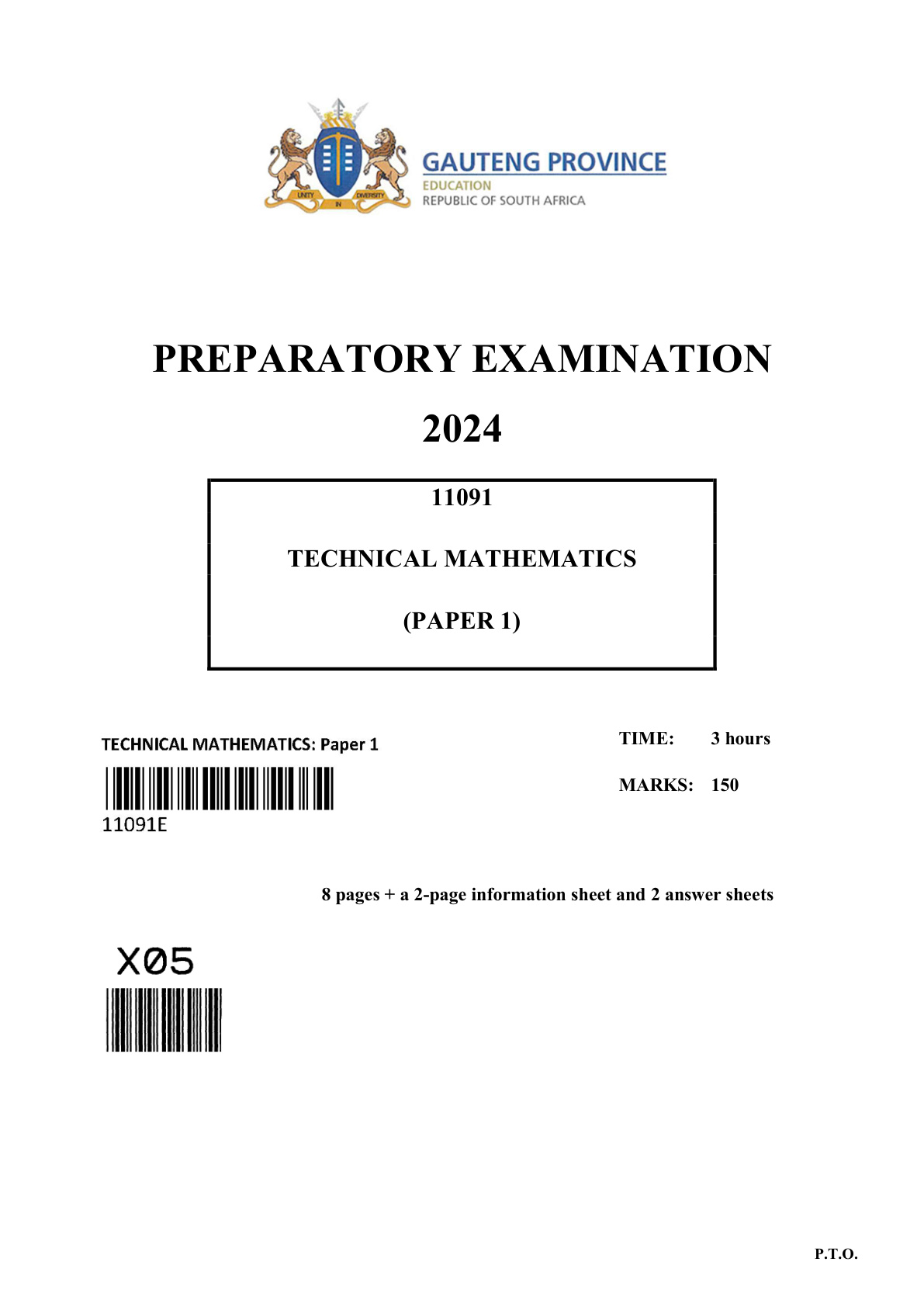 Technical Mathematics Paper 1 (Gauteng) Preparatory 2024 Grade 12 DBE