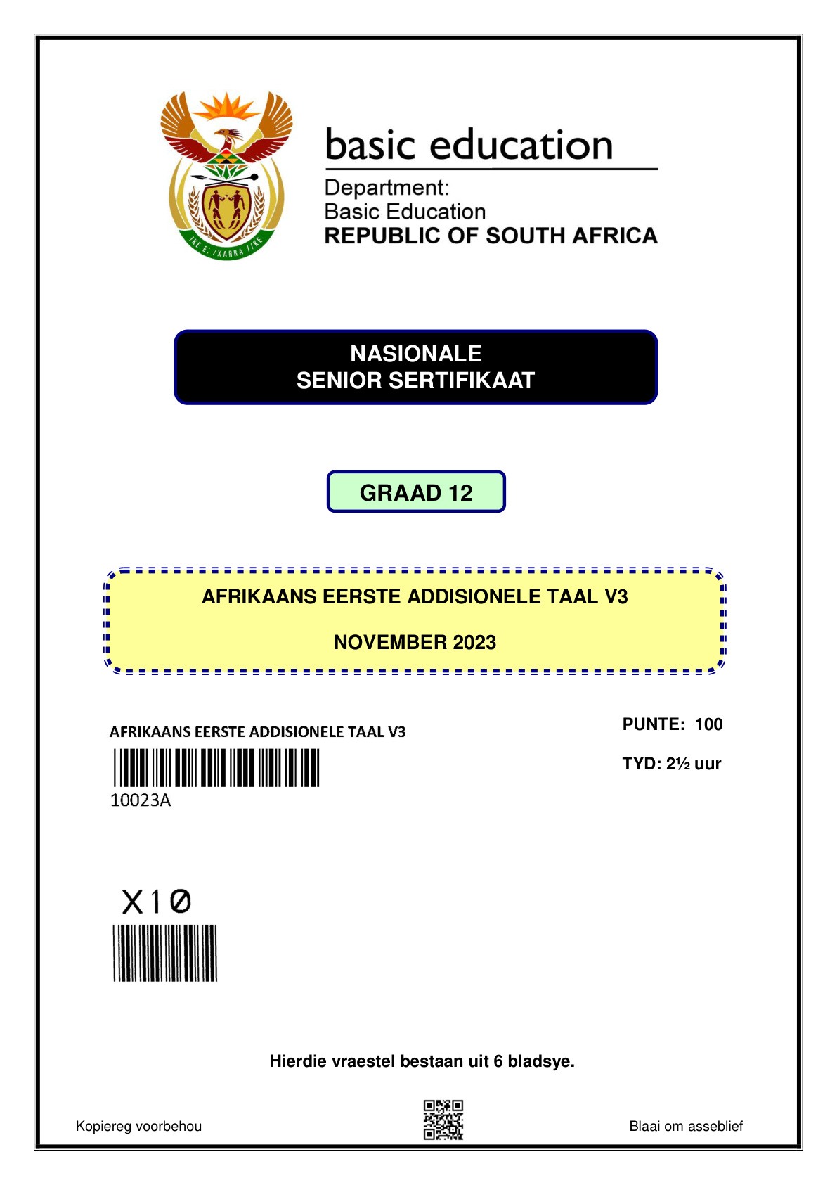 Afrikaans First Additional Language Paper 3 (Gauteng) November 2023 Grade 12 DBE