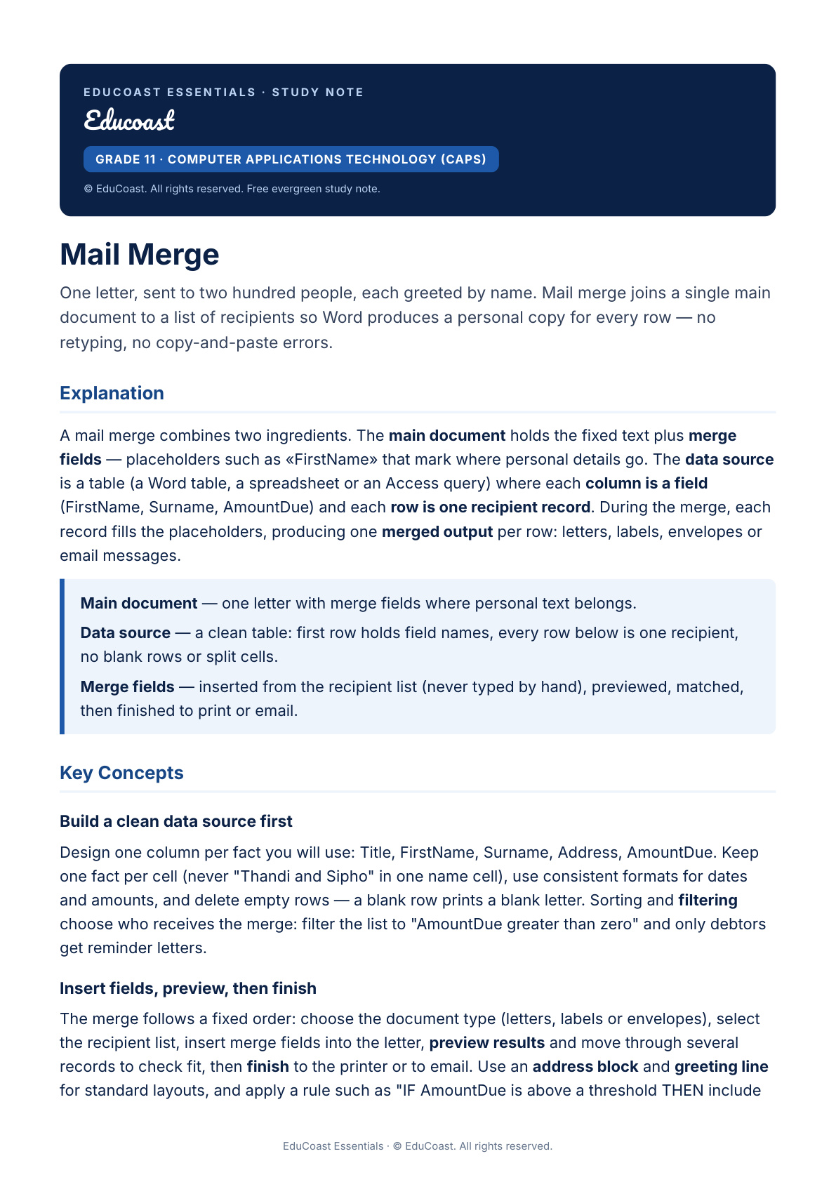 Mail Merge — Grade 11 Cat (Caps)