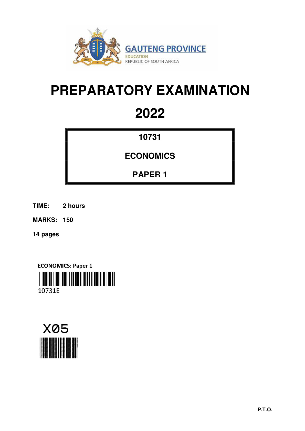 Economics Paper 1 (Gauteng) Preparatory 2022 Grade 12 DBE