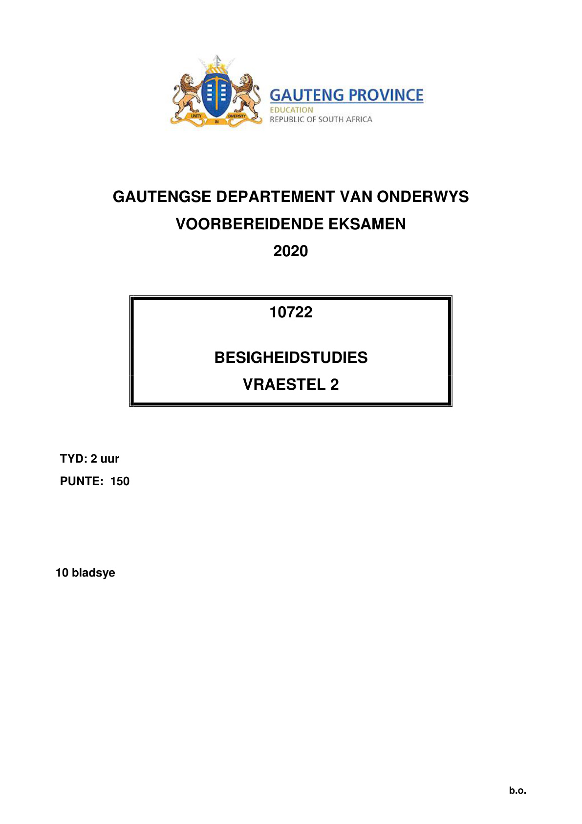 Business Studies Paper 2 (Gauteng) Preparatory 2020 Grade 12 DBE