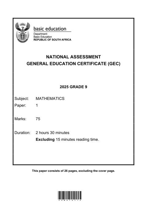 Mathematics Grade 9 DBE CAPS GEC 2025 Paper 1 - Question Paper (Eastern Cape)