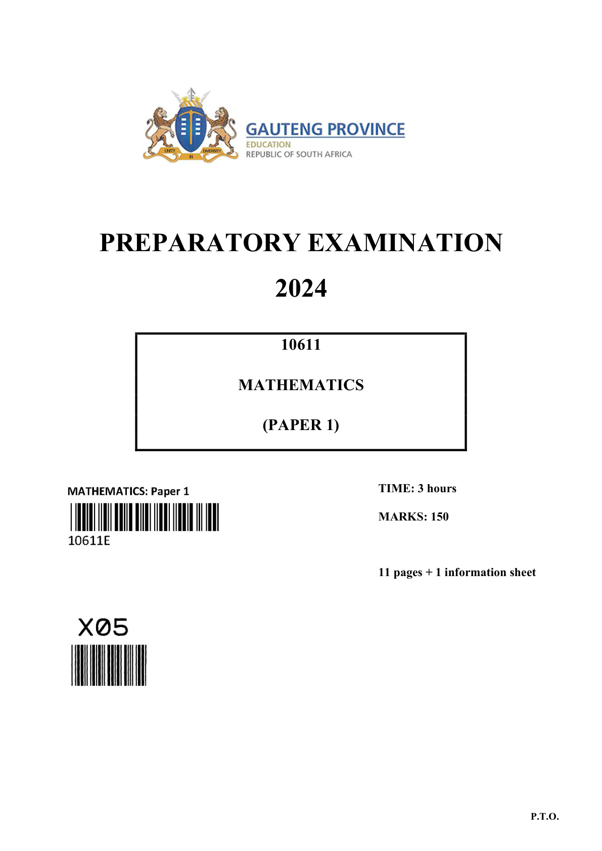 Mathematics Paper 1 (Gauteng) Preparatory 2024 Grade 12 DBE