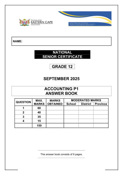 Accounting Grade 12 DBE Caps September 2025 Paper 1 - Question Paper (Eastern Cape)