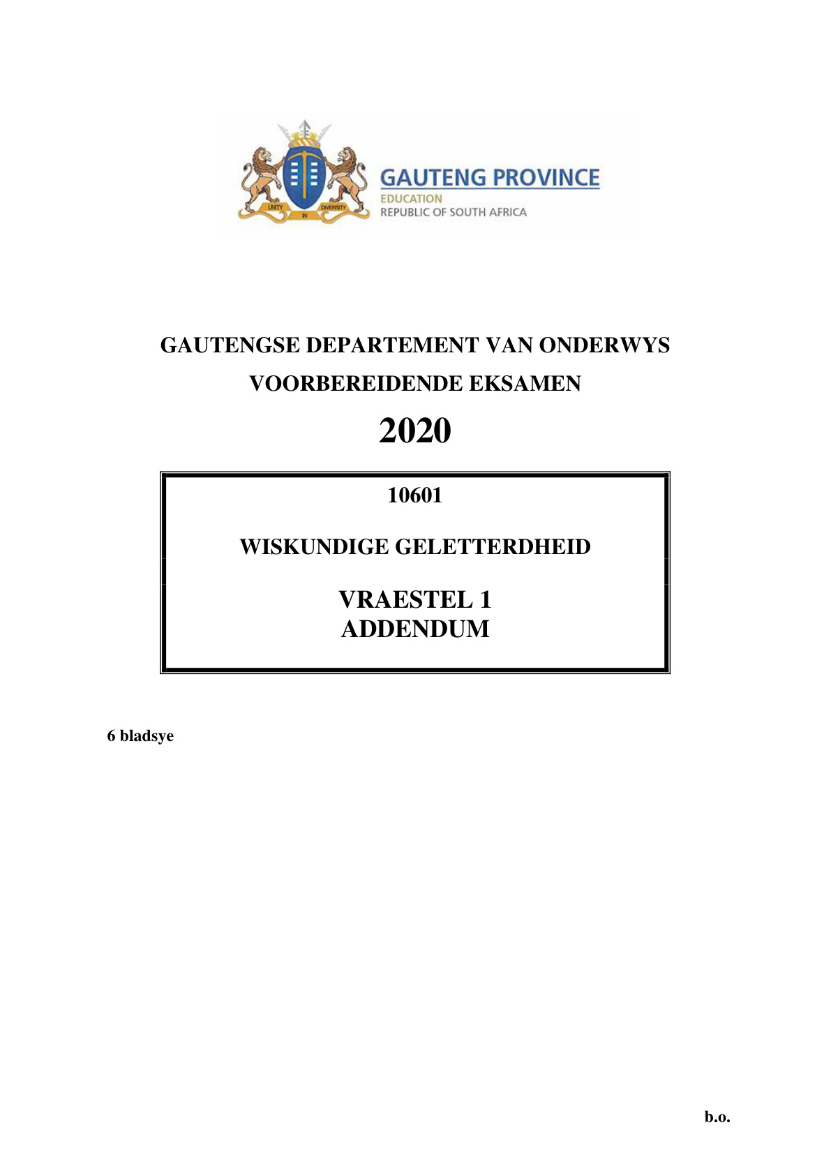 Mathematical Literacy Paper 1 Addendum (Gauteng) Preparatory 2020 Grade 12 DBE