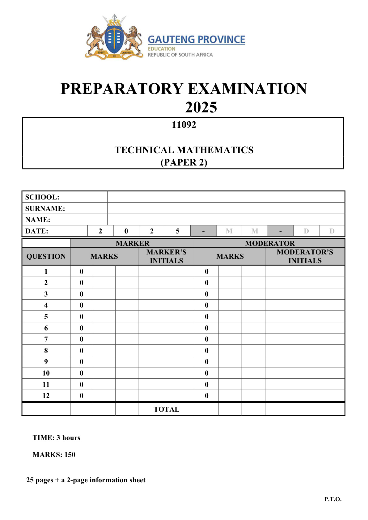Technical Mathematics Paper 2 (Gauteng) Preparatory 2025 Grade 12 DBE