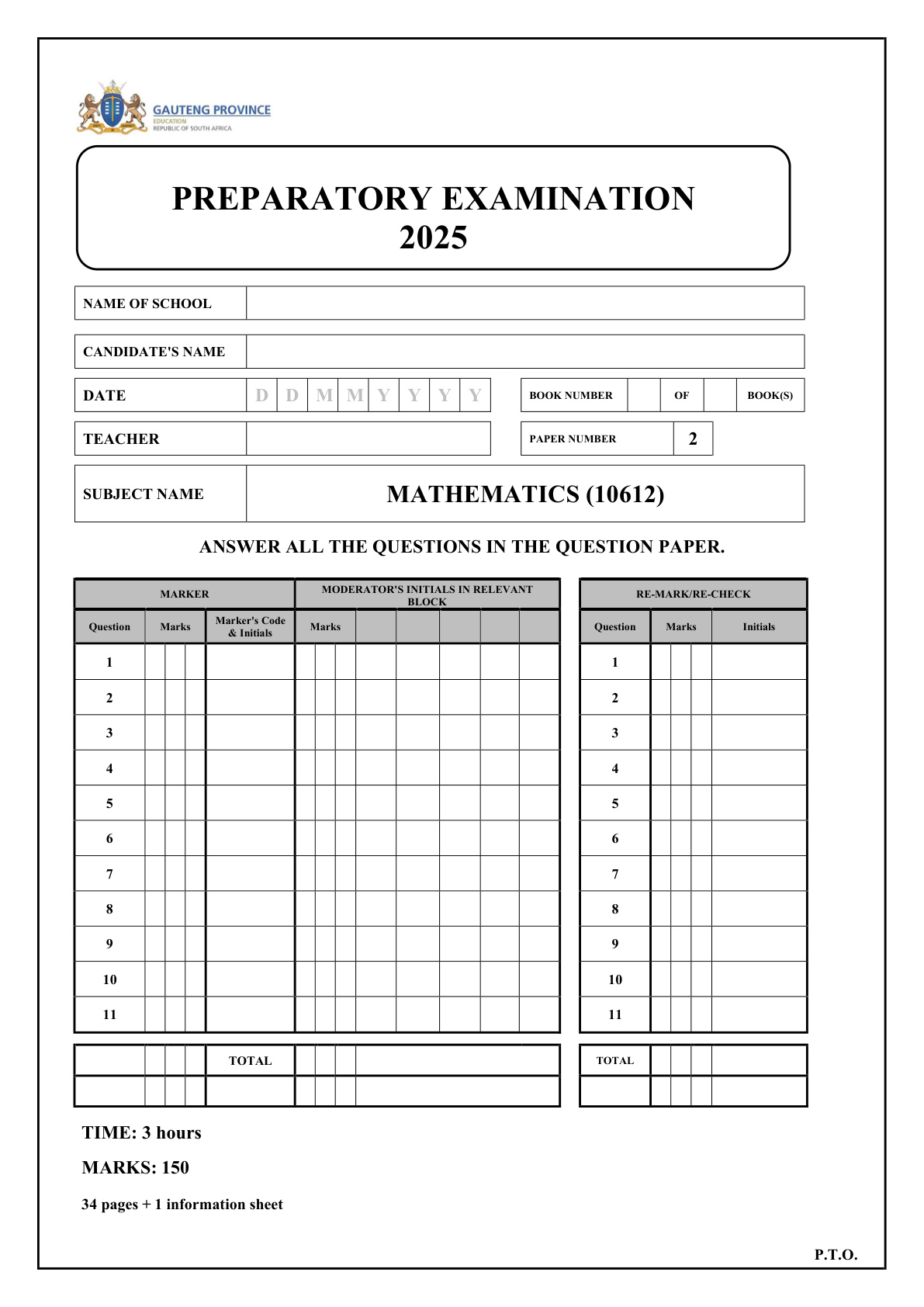 Mathematics Paper 2 (Gauteng) Preparatory 2025 Grade 12 DBE