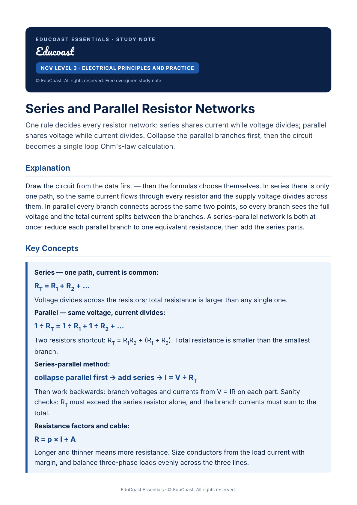 Series And Parallel Resistor Networks — NCV Level 3 Electrical Practice