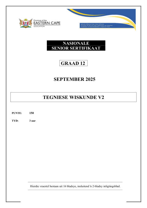 Mathematics Grade 12 DBE Caps September 2025 Paper 2 - Question Paper (Eastern Cape)