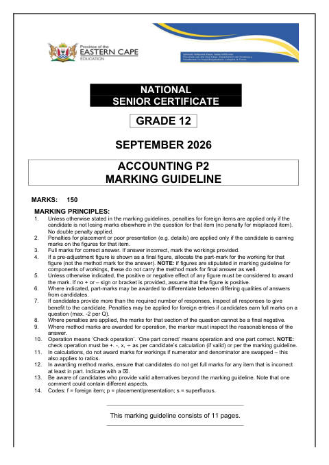 Accounting Grade 12 DBE Caps September 2026 Paper 2 - Memo (Eastern Cape)