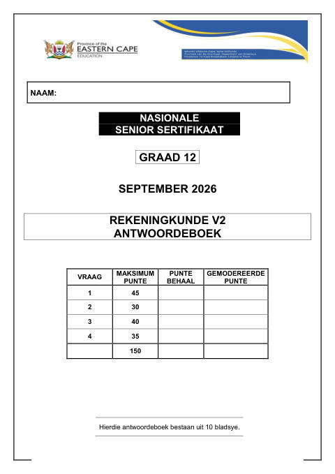 Accounting Grade 12 DBE Caps September 2026 Paper 2 - Answer Book (Eastern Cape)