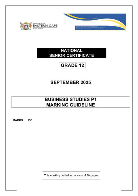 Business Studies Grade 12 DBE Caps September 2025 Paper 1 - Memo (Eastern Cape)