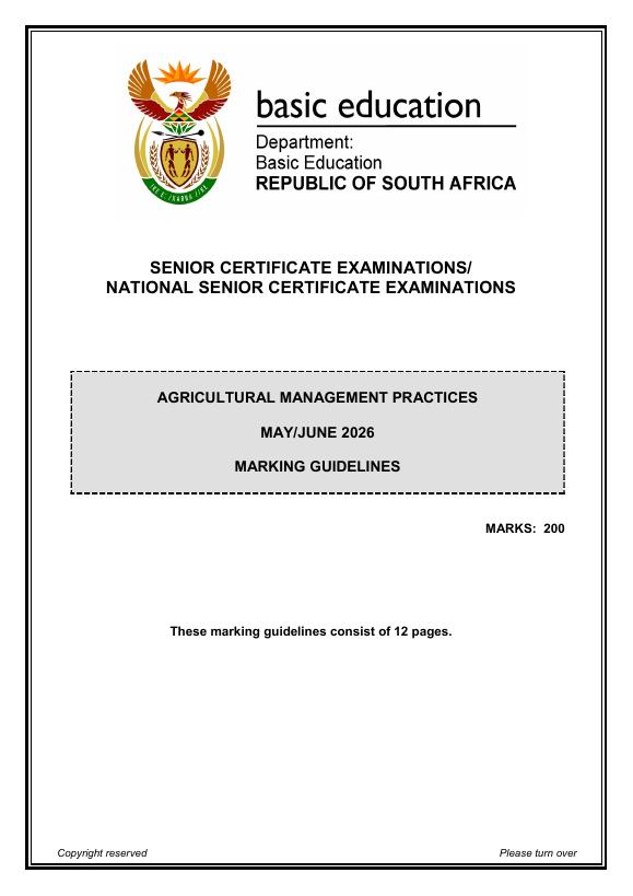 Agricultural Management Practices Grade 12 DBE CAPS May 2026 Paper 1 - Memo