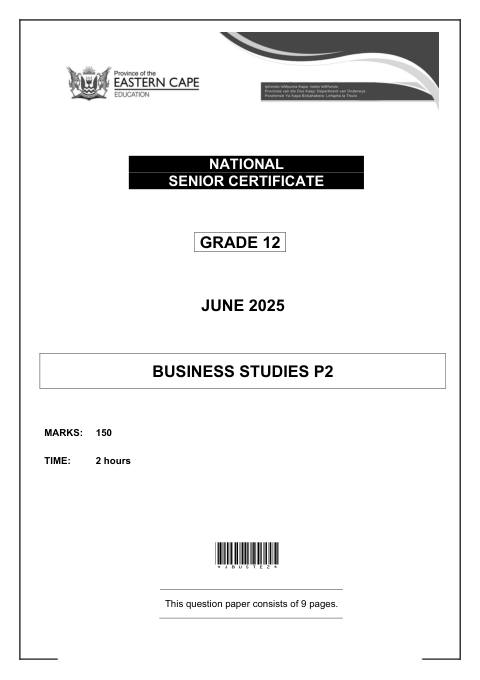 Business Studies Grade 12 DBE Caps May/June 2025 Paper 2 - Question Paper (Eastern Cape)