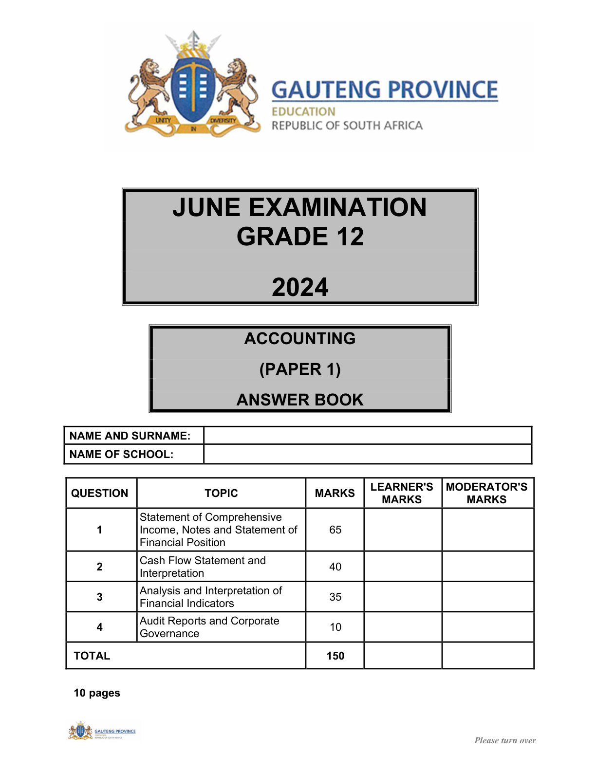 Accounting Paper 1 Answer Book (Gauteng) June 2024 Grade 12 DBE