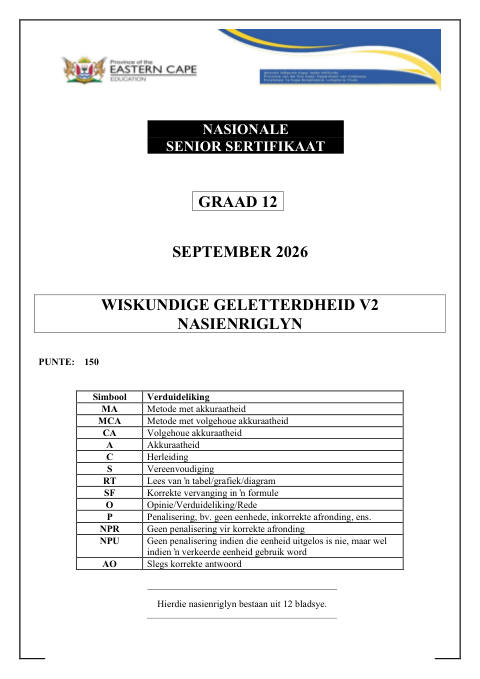 Mathematical Literacy Grade 12 DBE Caps September 2026 - Memo (Eastern Cape)