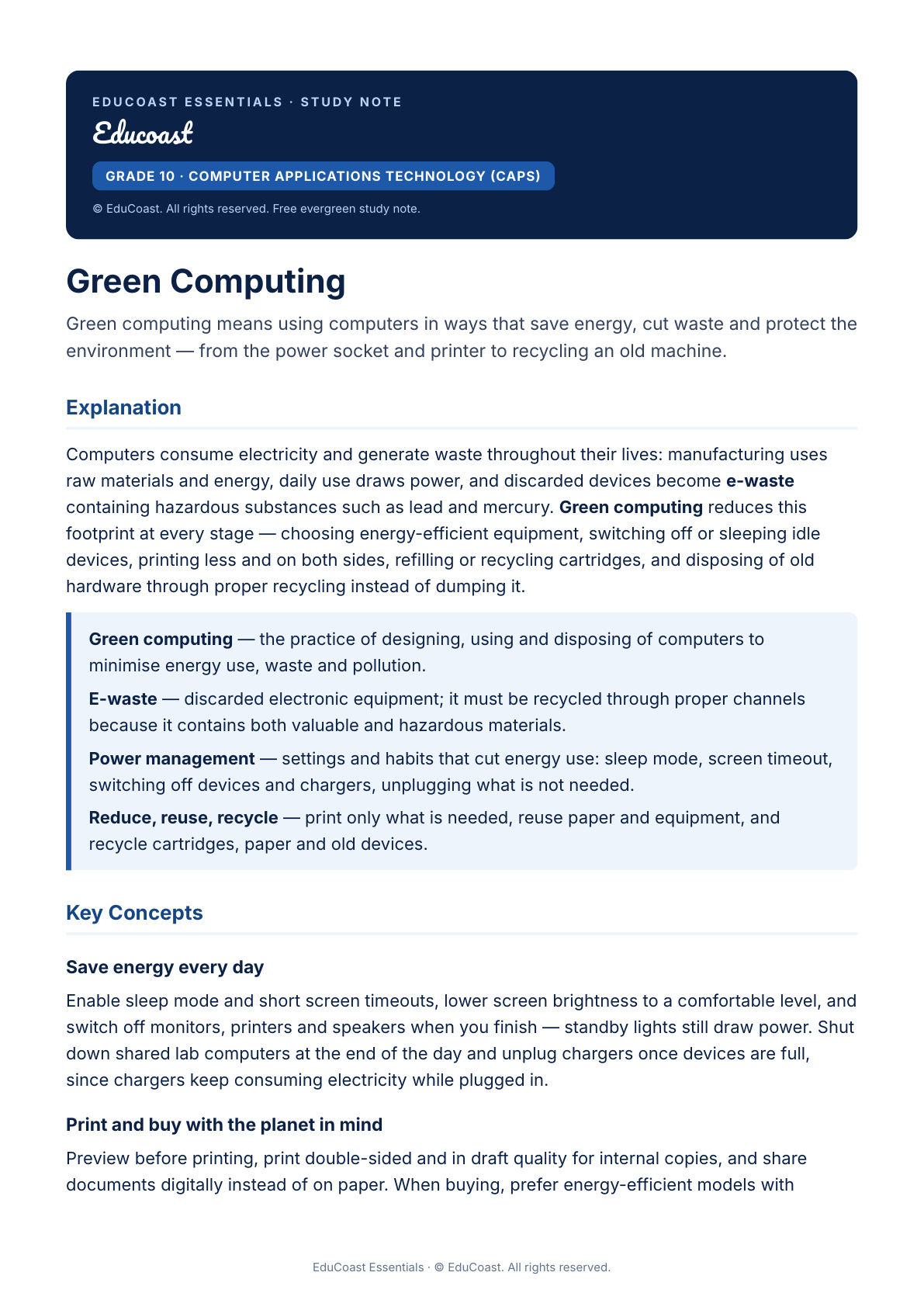 Green Computing — Grade 10 CAT (CAPS)