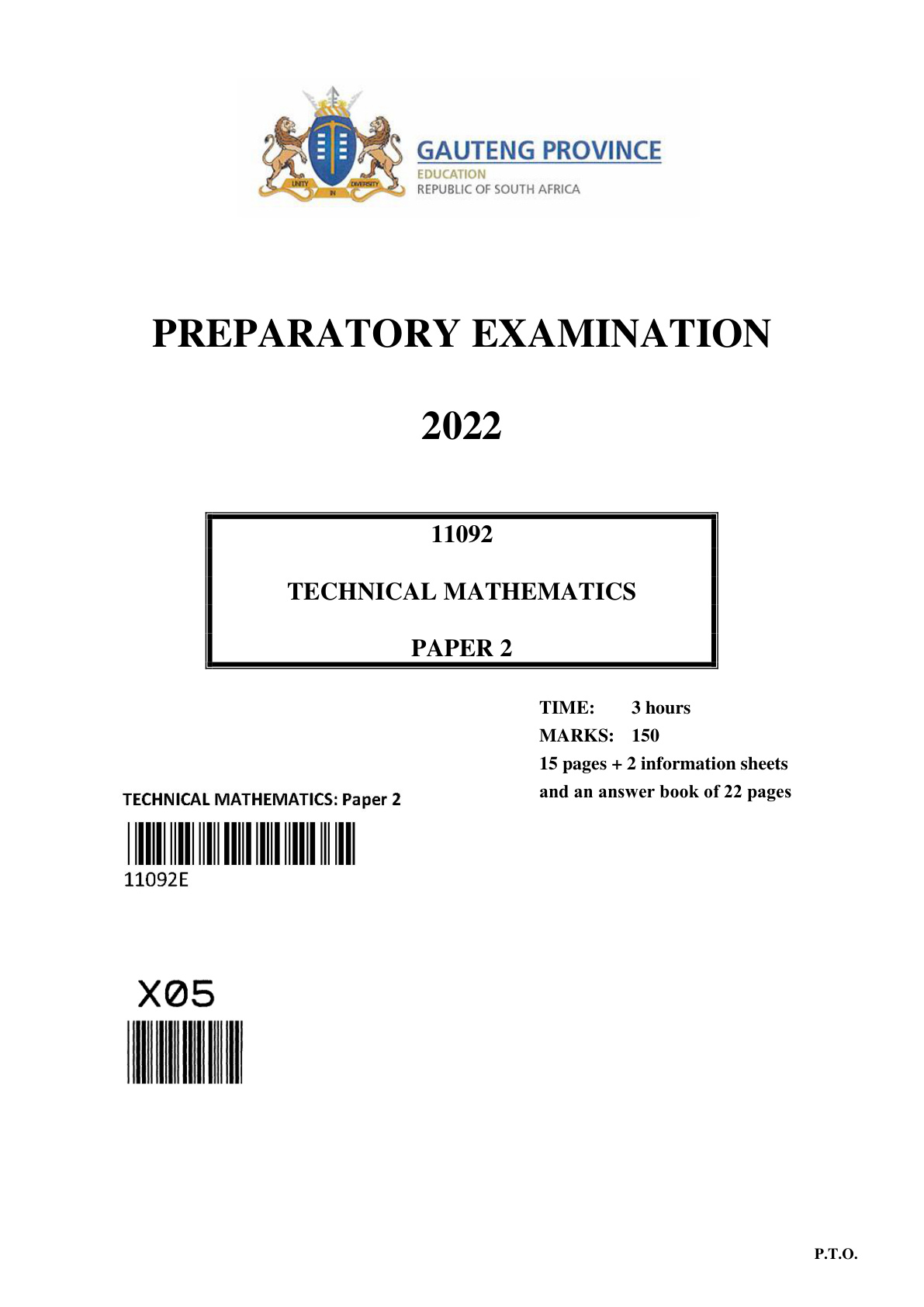 Technical Mathematics Paper 2 (Gauteng) Preparatory 2022 Grade 12 DBE