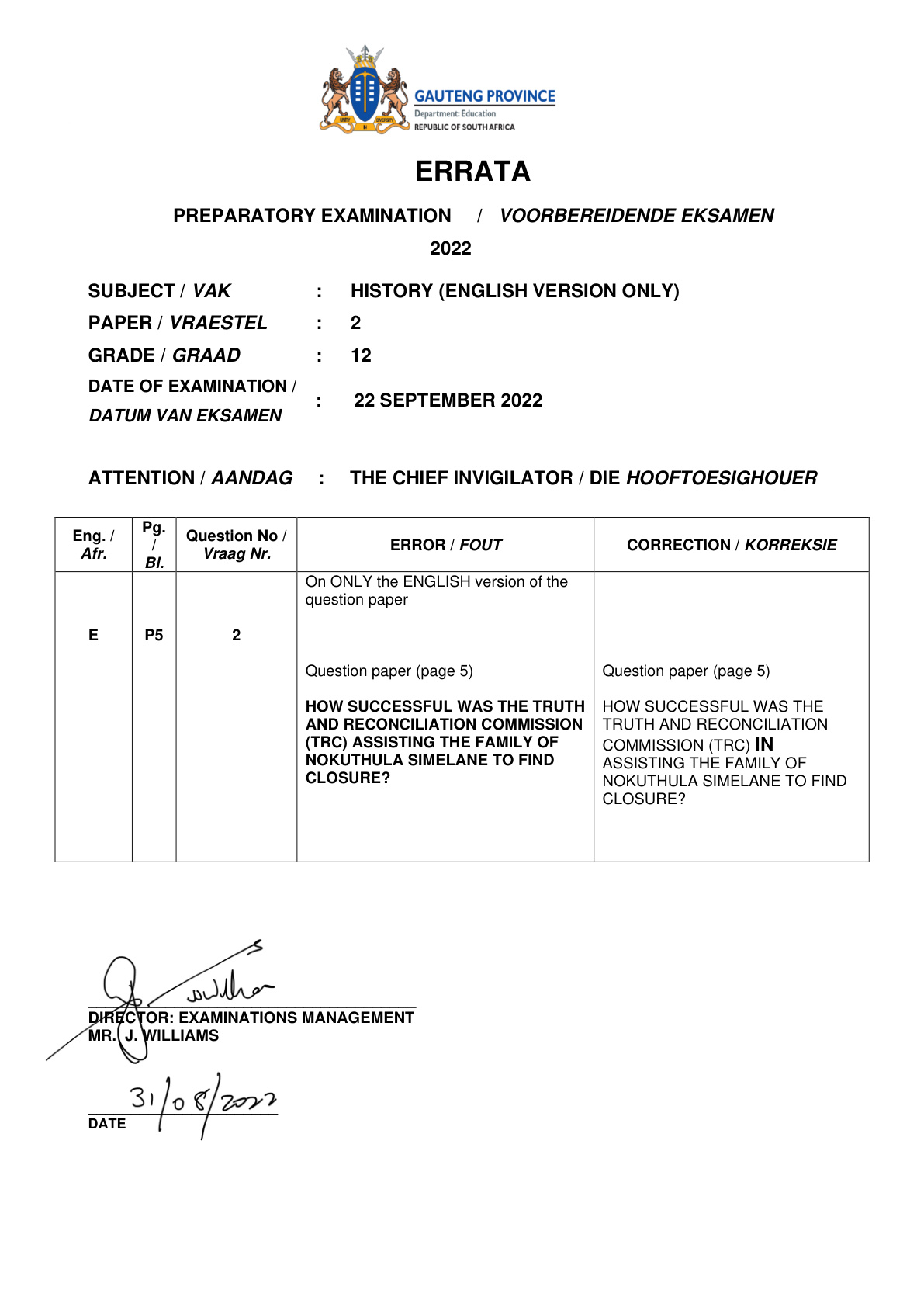 History Paper 2 Errata (Gauteng) Preparatory 2022 Grade 12 DBE