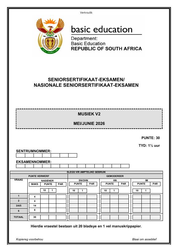 Music Grade 12 DBE CAPS May 2026 Paper 2 - Question Paper