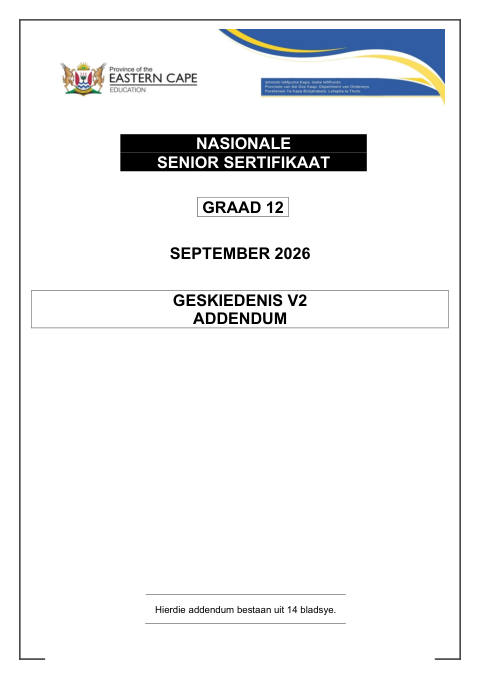 History Grade 12 DBE Caps September 2026 Paper 2 - Question Paper (Eastern Cape)