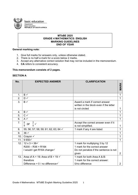 Mathematics Grade 4 DBE CAPS November 2025 - Memo (Eastern Cape)