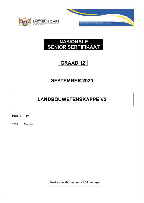 Agricultural Sciences Grade 12 DBE Caps September 2025 Paper 2 - Question Paper (Eastern Cape)