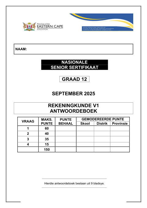 Accounting Grade 12 DBE Caps September 2025 Paper 1 - Question Paper (Eastern Cape)
