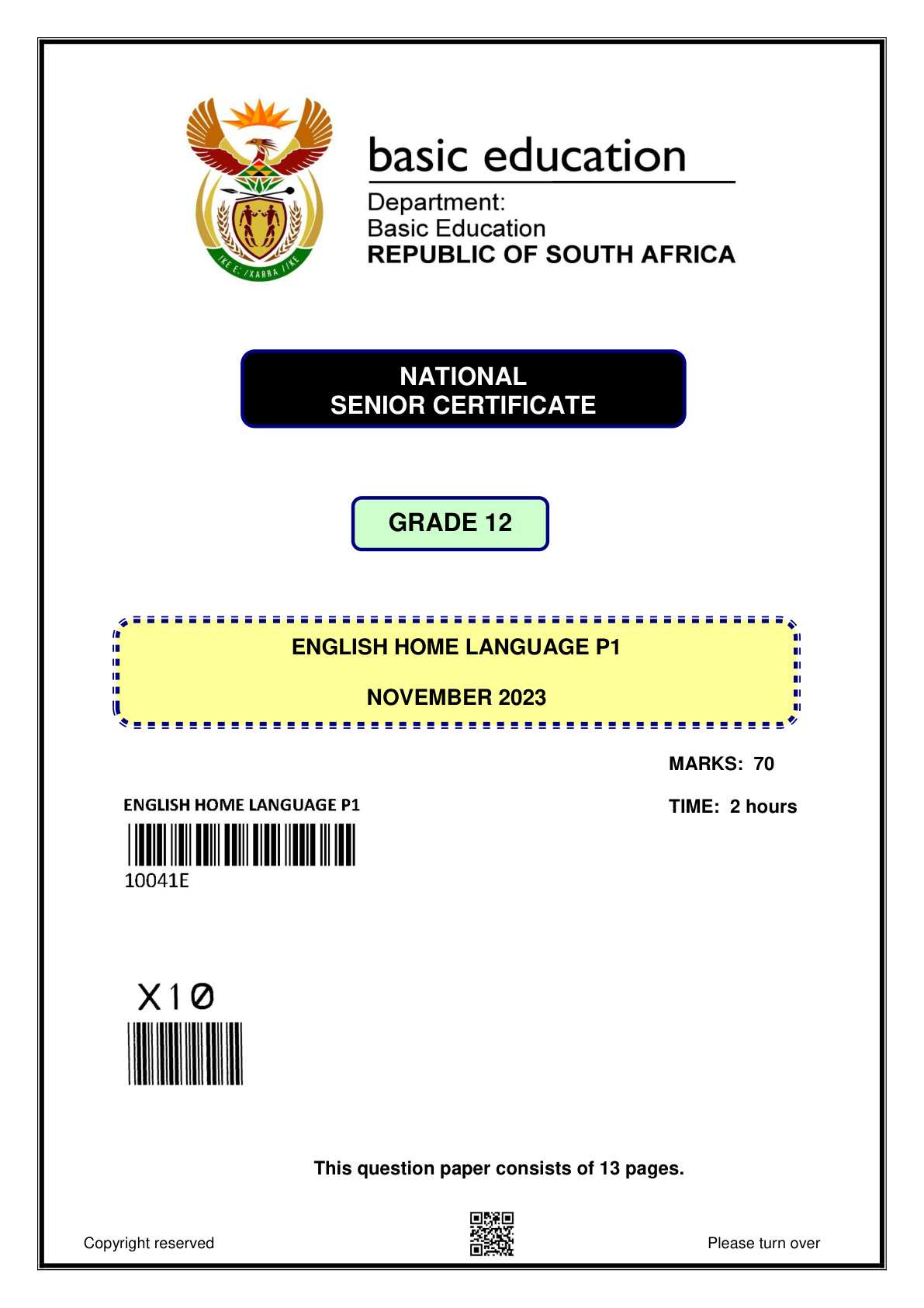 English Home Language Paper 1 (Gauteng) November 2023 Grade 12 DBE