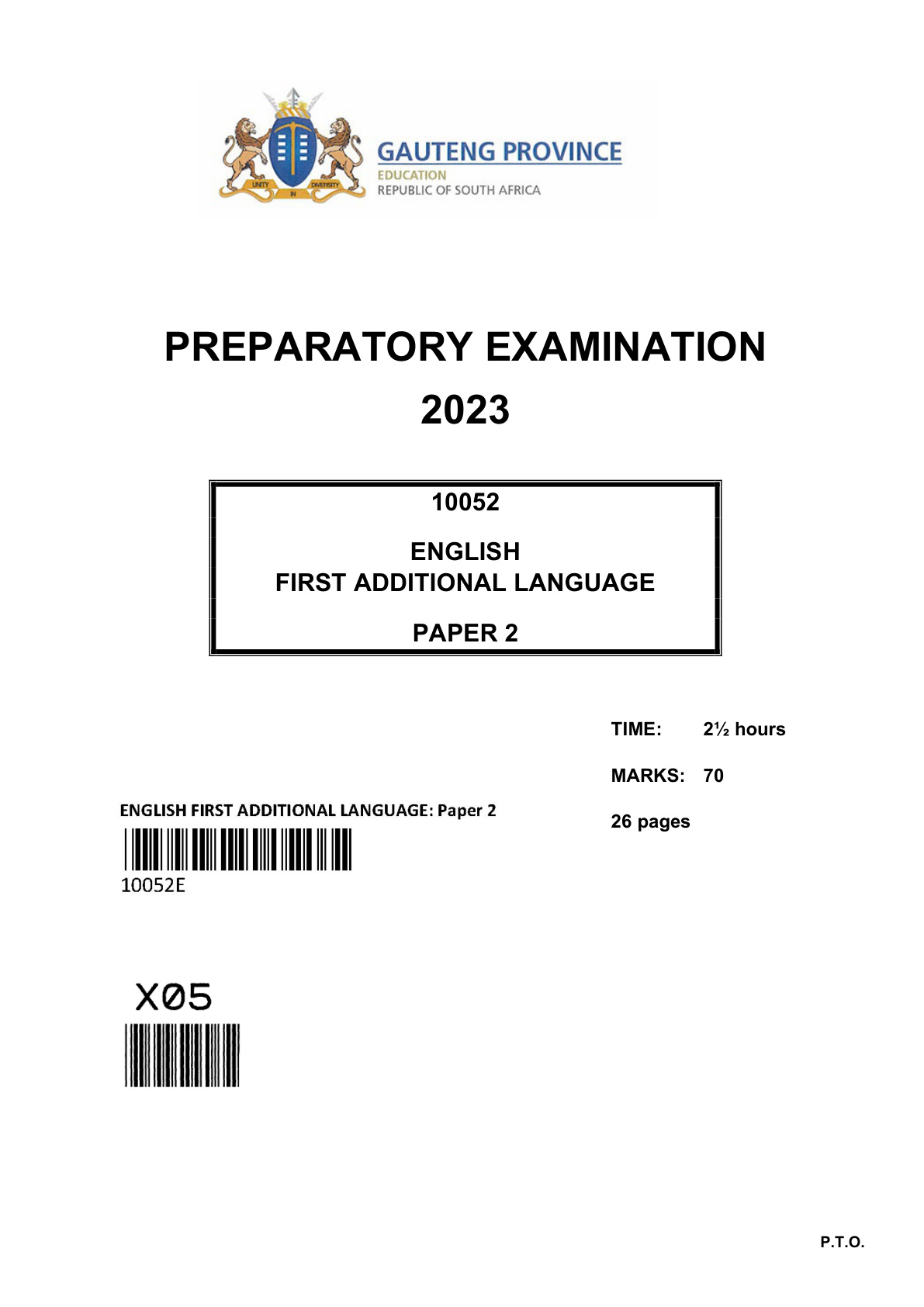 English First Additional Language Paper 2 (Gauteng) Preparatory 2023 Grade 12 DBE