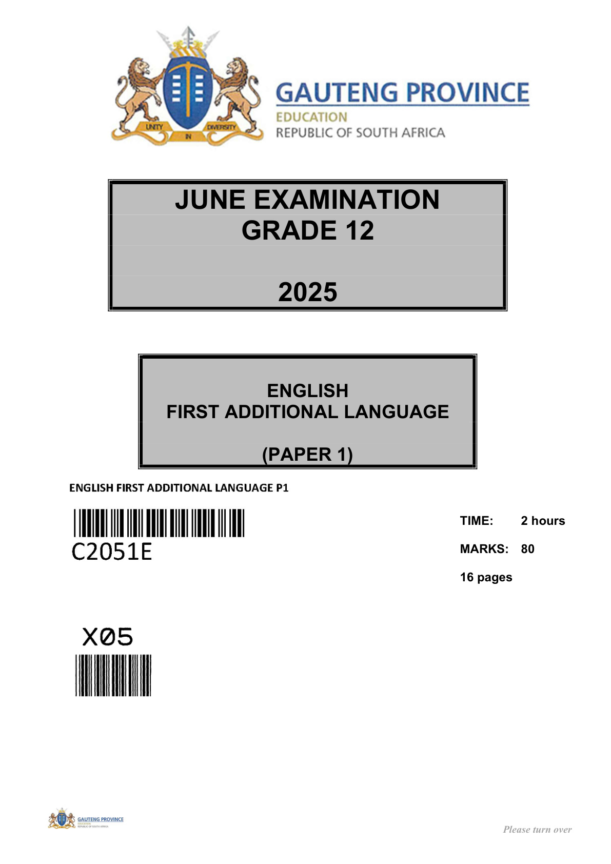 English First Additional Language Paper 1 (Gauteng) June 2025 Grade 12 DBE