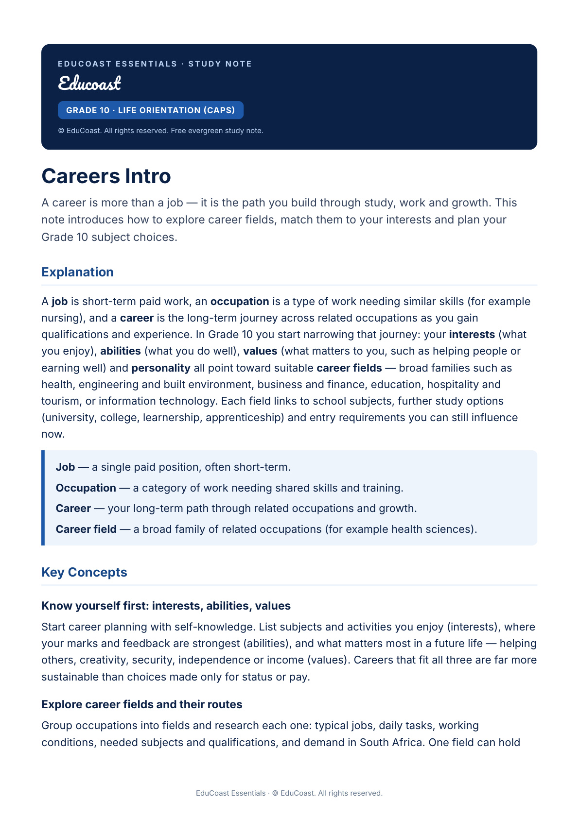 Careers Intro — Grade 10 Life Orientation (CAPS)