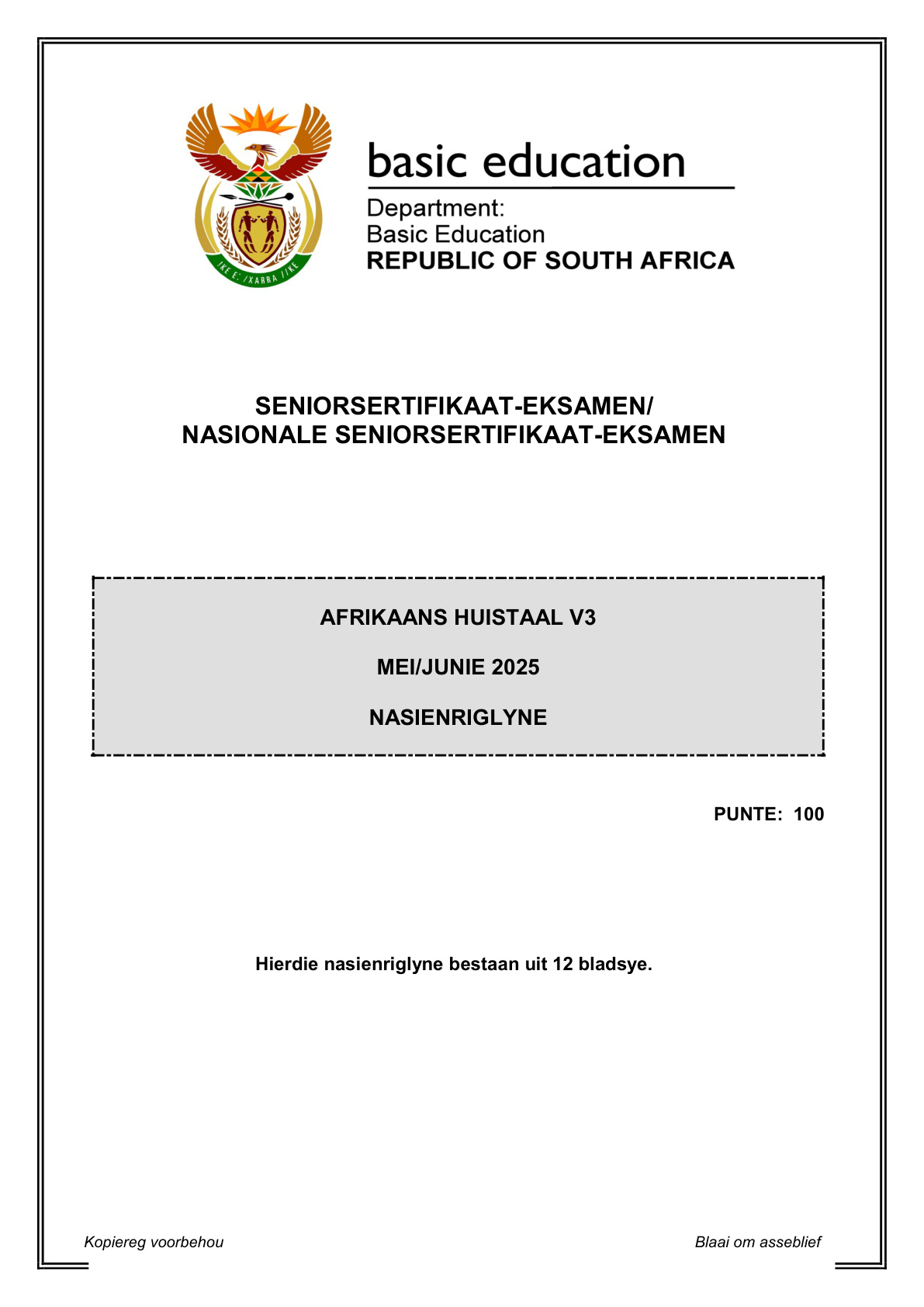 Afrikaans Home Language Grade 12 DBE NSC May/June 2025 Paper 3 - Memo (Eastern Cape)