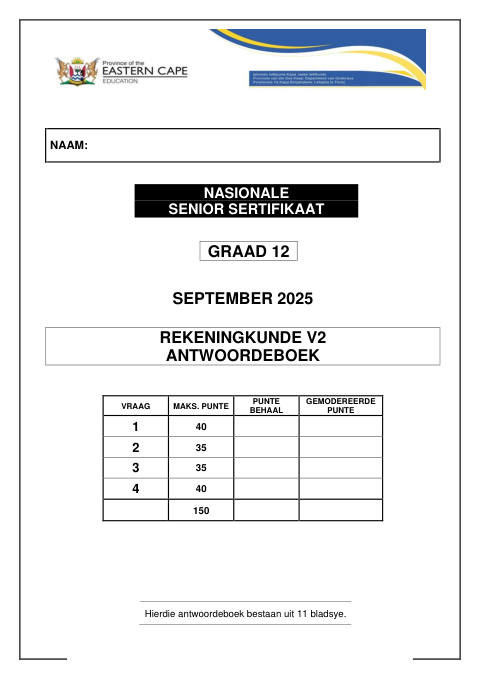 Accounting Grade 12 DBE Caps September 2025 Paper 2 - Answer Book (Eastern Cape)