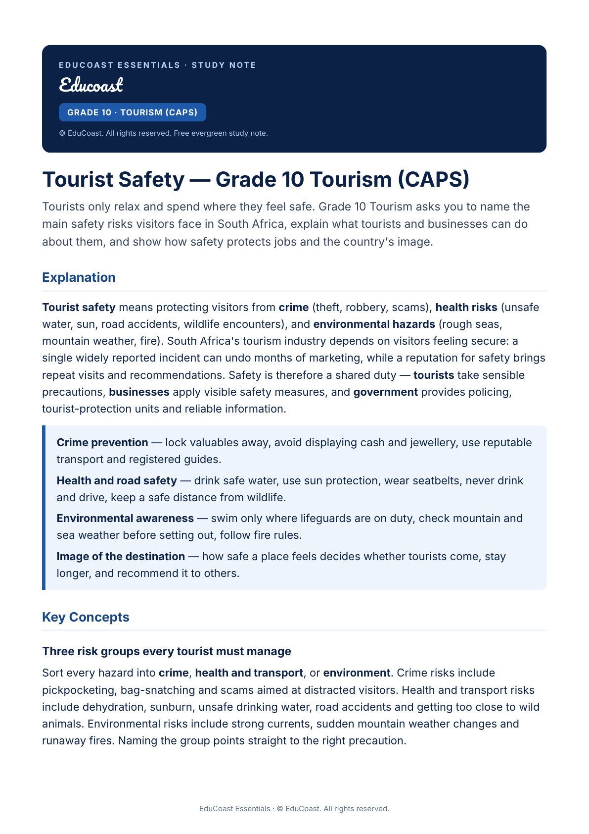 Tourist Safety — Grade 10 Tourism (CAPS)