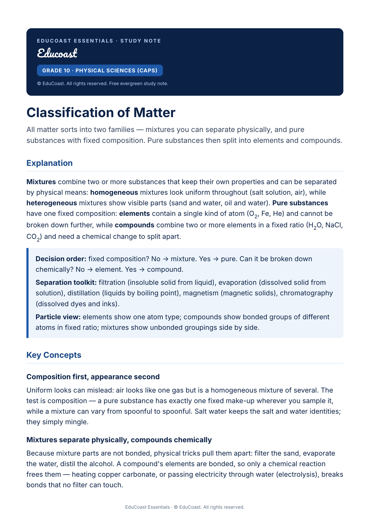 Classification Of Matter — Grade 10 Physical Sciences (Caps)
