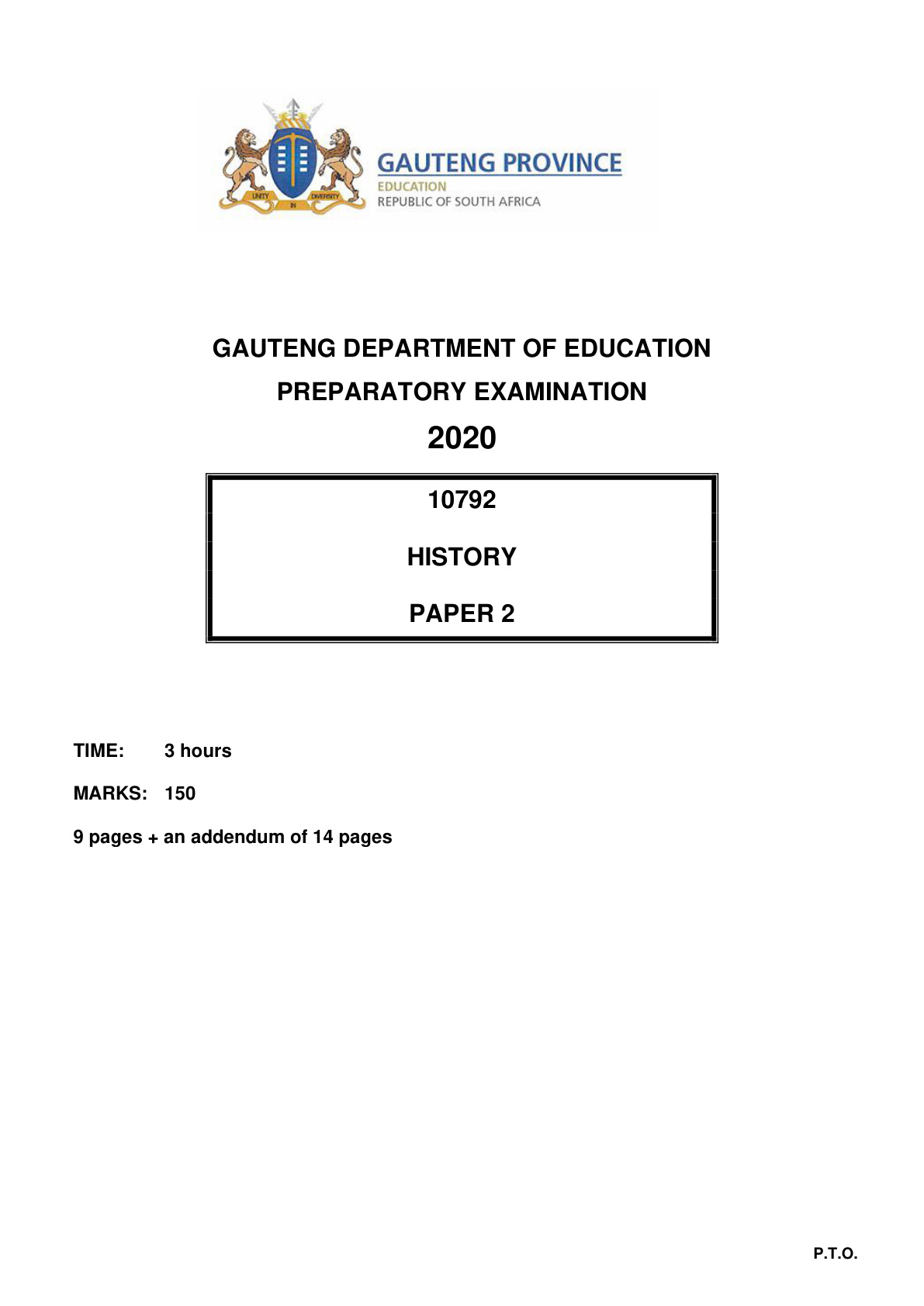 History Paper 2 (Gauteng) Preparatory 2020 Grade 12 DBE