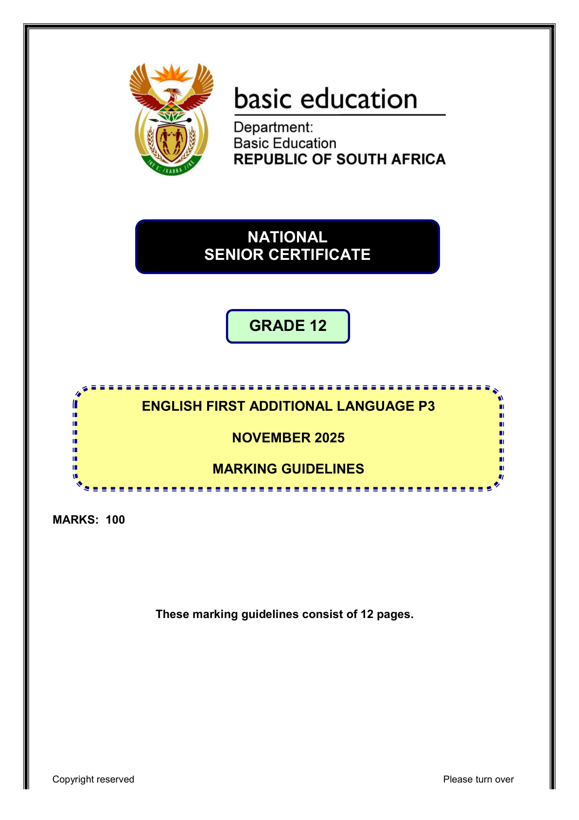 English First Additional Language Grade 12 DBE NSC November 2025 Paper 3 - Memo (Eastern Cape)