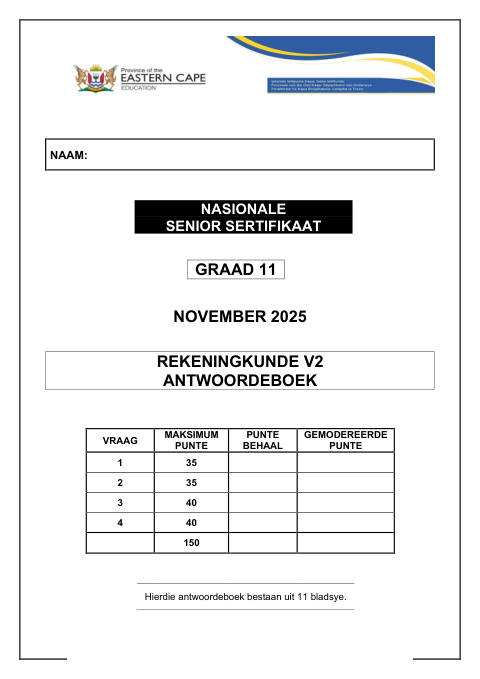 Accounting Grade 11 DBE Caps November 2025 Paper 2 - Question Paper (Eastern Cape)