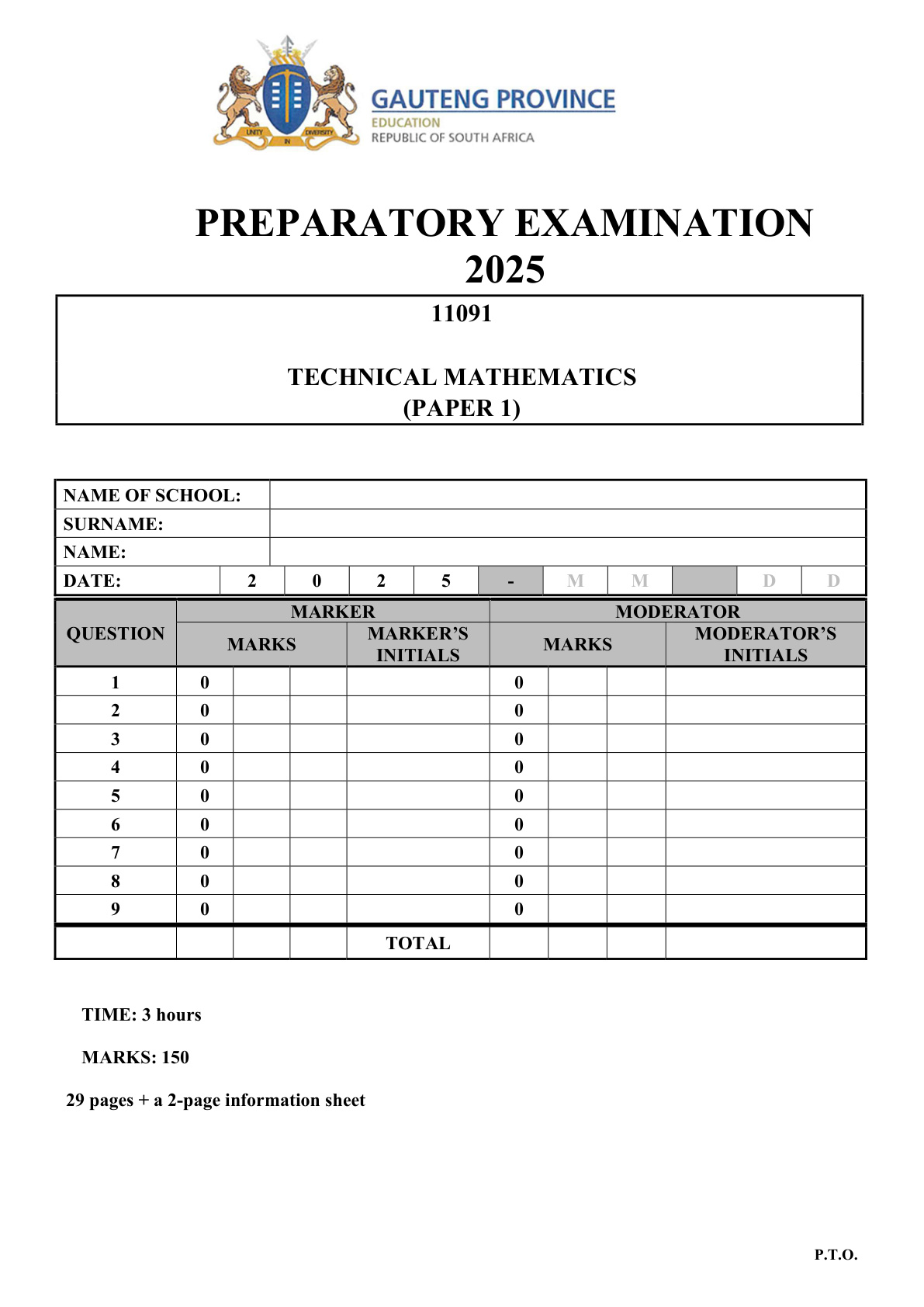 Technical Mathematics Paper 1 (Gauteng) Preparatory 2025 Grade 12 DBE