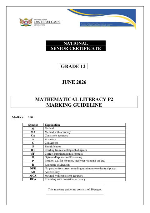 Mathematical Literacy Grade 12 DBE Caps May/June 2026 Paper 2 - Memo (Eastern Cape)