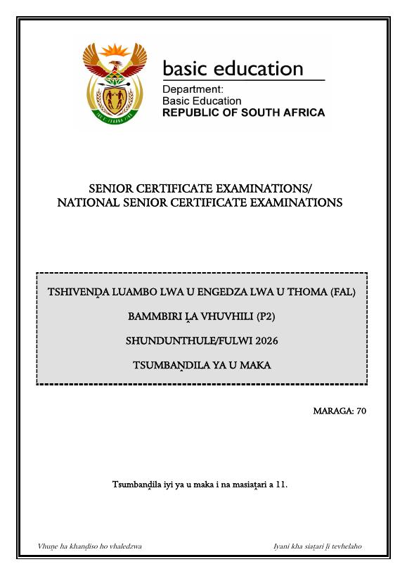 Tshivenda First Additional Language Grade 12 DBE Caps May 2026 Paper 2 - Memo