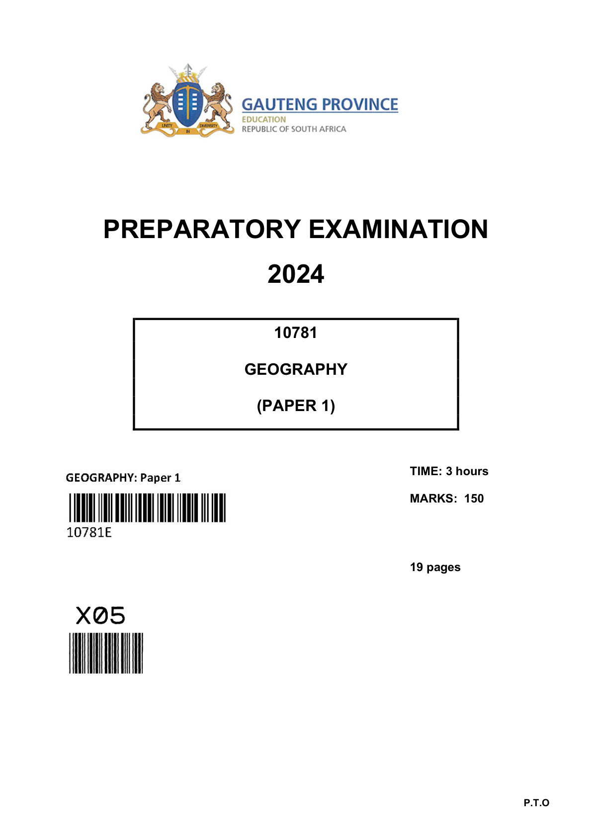Geography Paper 1 (Gauteng) Preparatory 2024 Grade 12 DBE
